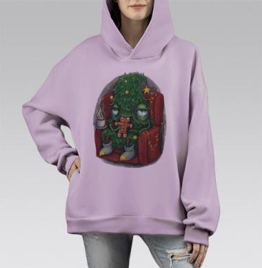 Усталая ёлка в кресле с пряничным человечком, Hoodie Mono Fiolet, оверсайз, утепленная