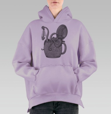 Осьминог с рыбным скелетом в кружке, Hoodie Oversize Fiolet, утепленная