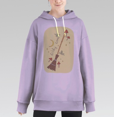 Иллюстрация «Ведьмовская женщина» с метлой и грибами, Hoodie Long Oversize Fiolet