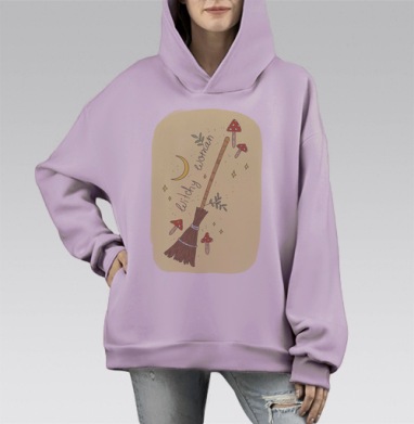 Иллюстрация «Ведьмовская женщина» с метлой и грибами, Hoodie Mono Fiolet, оверсайз, утепленная
