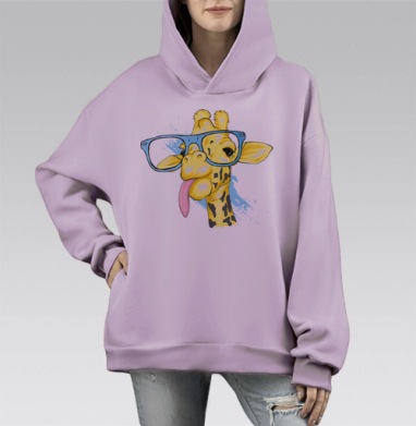 Веселый жираф с голубыми очками и длинным языком, Hoodie Mono Fiolet, оверсайз, утепленная