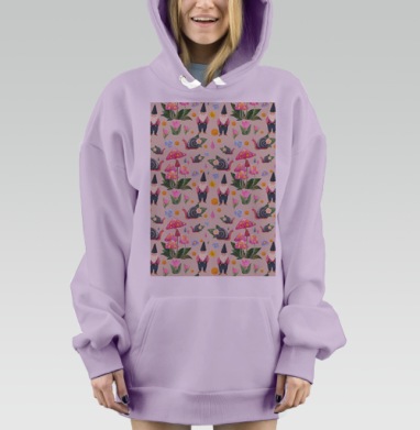 Акварельный паттерн с гномами и лесными мотивами, Hoodie Mjhigh Dig Mel, Fiolet, утепленная