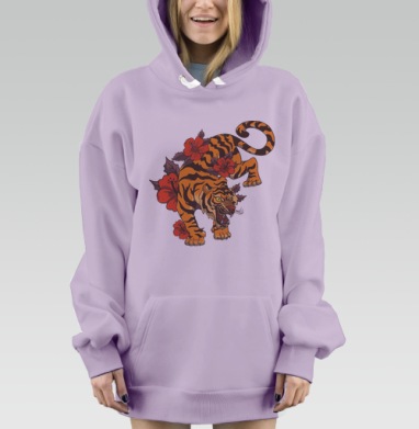 Тигр в агрессивной позе с красными цветами, Hoodie Mjhigh Dig Mel, Fiolet, утепленная