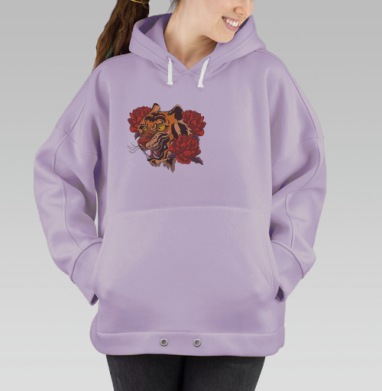 Яростный тигр с красными цветами – символ силы и красоты, Hoodie Oversize Fiolet