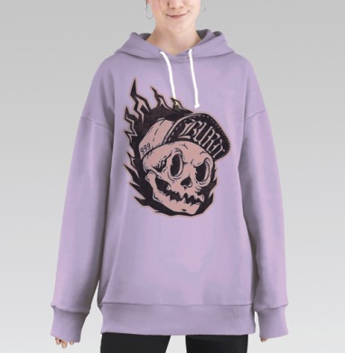Череп в бейсболке с огнём и надписями 999 BURN, Hoodie Long Oversize Fiolet