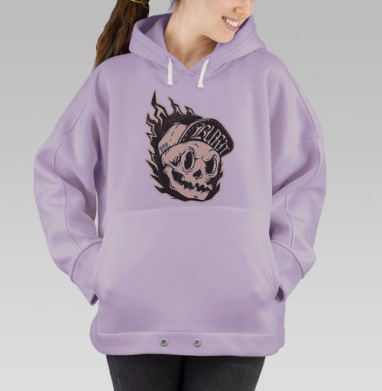 Череп в бейсболке с огнём и надписями 999 BURN, Hoodie Oversize Fiolet