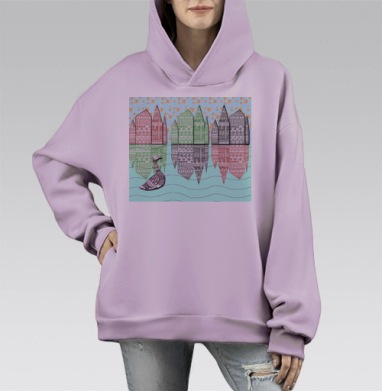Сюрреалистическая графическая иллюстрация с птицей и отражениями, Hoodie Mono Fiolet, оверсайз, утепленная