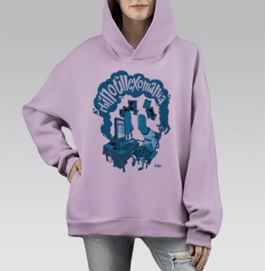 Ироничная сюрреалистическая сцена одержимости носами / Surreal I LOVE NOSES, Hoodie Mono Fiolet, оверсайз, утепленная