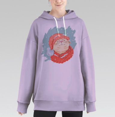 Милый зимний кот в красной шапке и шарфе, Hoodie Long Oversize Fiolet