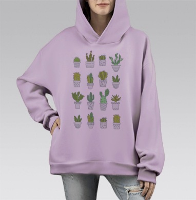 Коллекция милых кактусов и суккулентов в горшках, Hoodie Mono Fiolet, оверсайз, утепленная