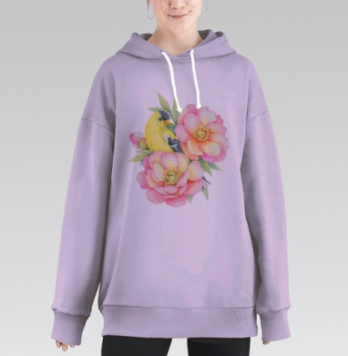 Нежная птица среди розовых цветов, Hoodie Long Oversize Fiolet