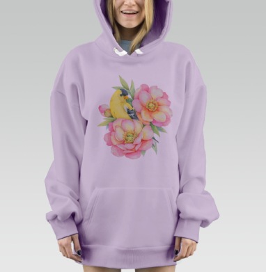 Нежная птица среди розовых цветов, Hoodie Mjhigh Dig Mel, Fiolet, утепленная