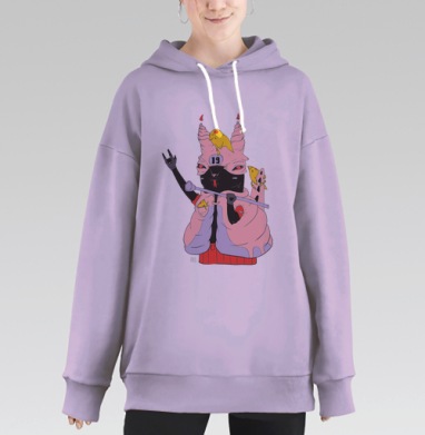 Стильный кот с рок-жестом и птичками - арт-дизайн 19, Hoodie Long Oversize Fiolet