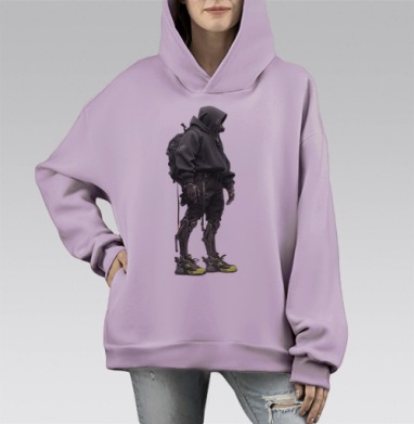 Киберпанк человек с киберногами и неоновыми кроссовками, Hoodie Mono Fiolet, оверсайз, утепленная