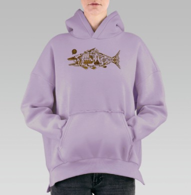 Механическая золотая рыба в стиле стимпанк, Hoodie Oversize Fiolet, утепленная