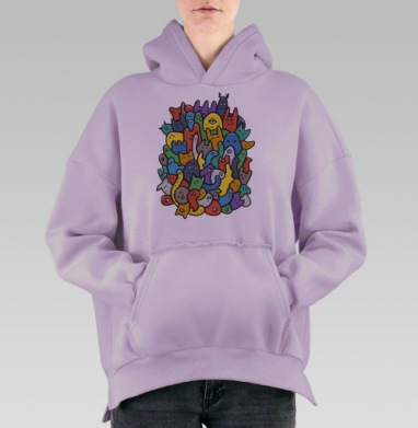 Весёлое собрание мультяшных монстров doodle art, Hoodie Oversize Fiolet, утепленная