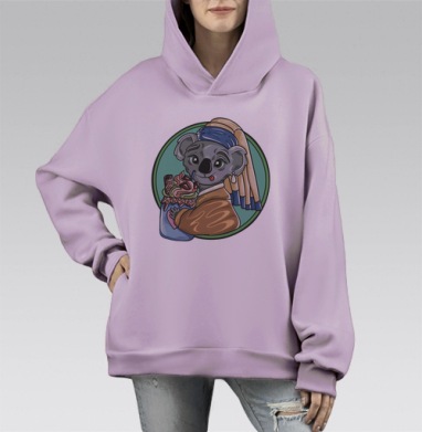 Коала с жемчужной серьгой и вкусным десертом на фоне, Hoodie Mono Fiolet, оверсайз, утепленная