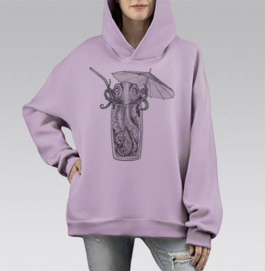 Осьминог в стакане с коктейлем в стиле гравюры, Hoodie Mono Fiolet, оверсайз, утепленная