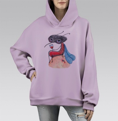 Вампир-комар с бокалом крови в сюрреализме, Hoodie Mono Fiolet, оверсайз, утепленная