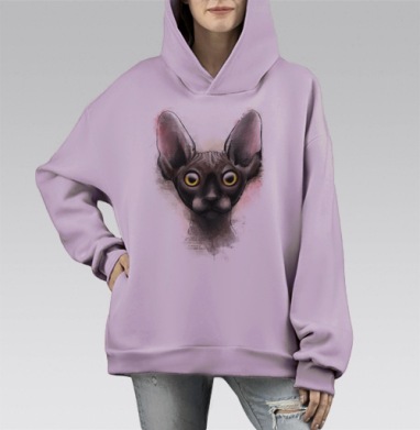 Стильный портрет кошки сфинкс в винтажном стиле, Hoodie Mono Fiolet, оверсайз, утепленная