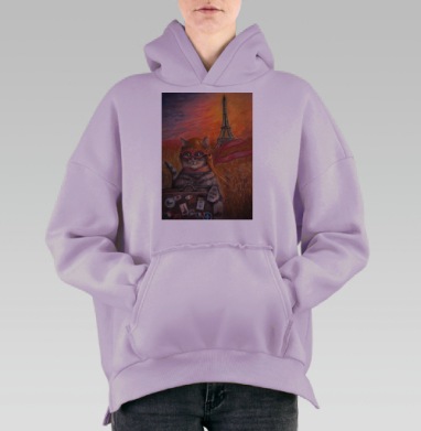 Кот-путешественник в Париже с чемоданом, Hoodie Oversize Fiolet, утепленная