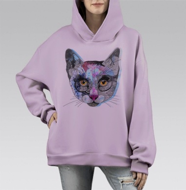 Кошка графика, Hoodie Mono Fiolet, оверсайз, утепленная