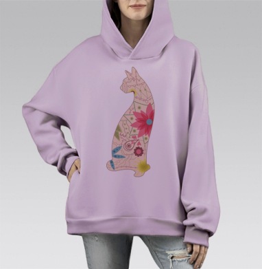 Кошка в винтажных цветах, Hoodie Mono Fiolet, оверсайз, утепленная