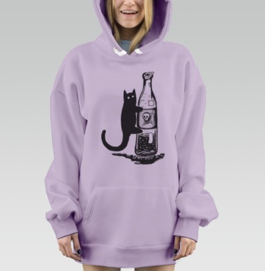 Чёрный кот с бутылкой яда – интригующая иллюстрация, Hoodie Mjhigh Dig Mel, Fiolet, утепленная