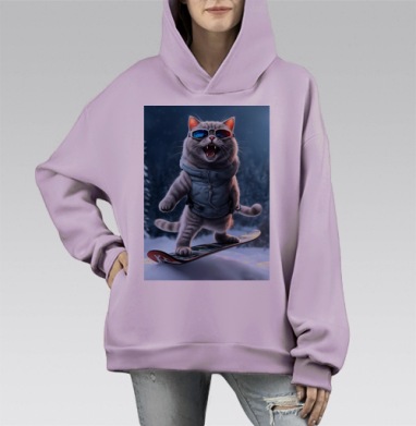 Кот серый сноубордист зимнее настроение стильные очки, Hoodie Mono Fiolet, оверсайз, утепленная