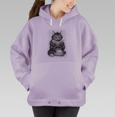 Черно-белый рисунок умного котенка с газетой, Hoodie Oversize Fiolet
