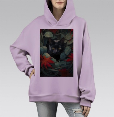 Кот в зеленой листве с красными листьями Кот в листве, Hoodie Mono Fiolet, оверсайз, утепленная
