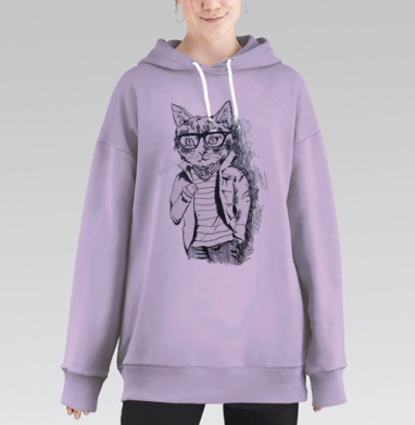 Стильный хипстерский кот в черно-белом рисунке, Hoodie Long Oversize Fiolet