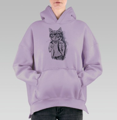 Стильный хипстерский кот в черно-белом рисунке, Hoodie Oversize Fiolet, утепленная