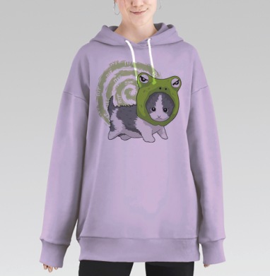 Котенок в костюме лягушки мультяшный милый ПУР, Hoodie Long Oversize Fiolet