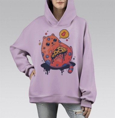Милый кот с гигантской пиццей в стиле Creepy Cute, Hoodie Mono Fiolet, оверсайз, утепленная