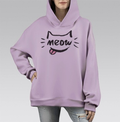Игривый кот с надписью meow и высунутым язычком, Hoodie Mono Fiolet, оверсайз, утепленная