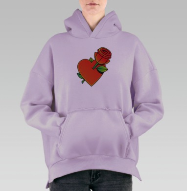 Красное сердце с розой и зелёными листьями на сером фоне, Hoodie Oversize Fiolet, утепленная