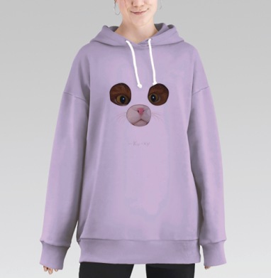 Мягкий арт-принт мордочка кота с надписью Ку-ку, Hoodie Long Oversize Fiolet