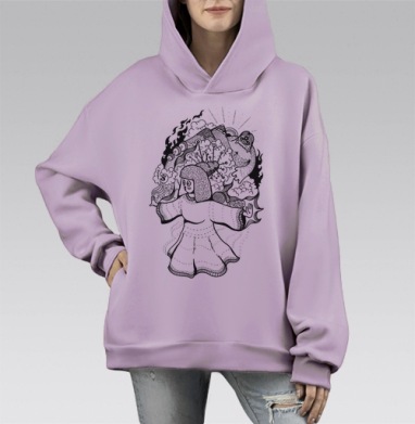 Мистический дудлинг с медитирующей фигурой, Hoodie Mono Fiolet, оверсайз, утепленная