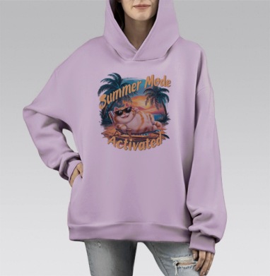 Летний режим кот расслабляется на пляже летний режим, Hoodie Mono Fiolet, оверсайз, утепленная