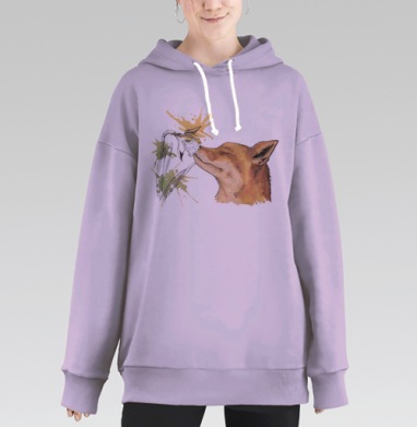 Акварельный принт с лисой и цветком, Hoodie Long Oversize Fiolet