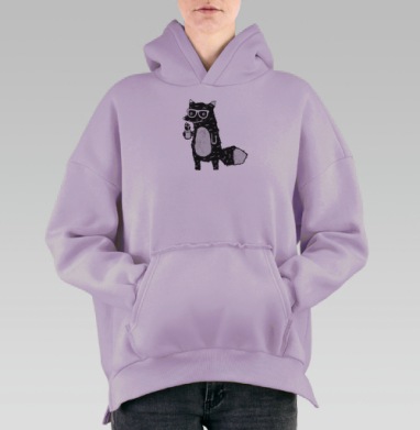 Стилизованный лис с чашкой кофе в очках, Hoodie Oversize Fiolet, утепленная