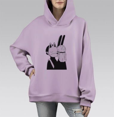 Нежность в масках: интимный черно-белый образ, Hoodie Mono Fiolet, оверсайз, утепленная