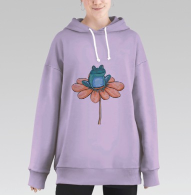 Бирюзовая лягушка на персиковом цветке, Hoodie Long Oversize Fiolet