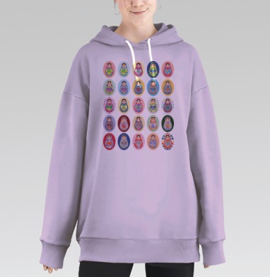 Яркие матрешки с традиционными узорами и сердцами, Hoodie Long Oversize Fiolet