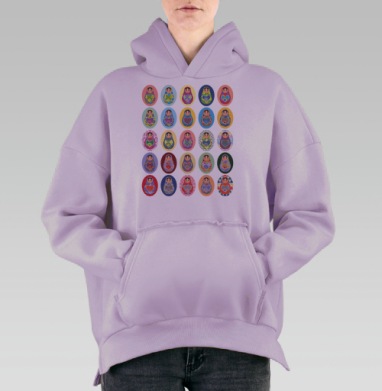 Яркие матрешки с традиционными узорами и сердцами, Hoodie Oversize Fiolet, утепленная