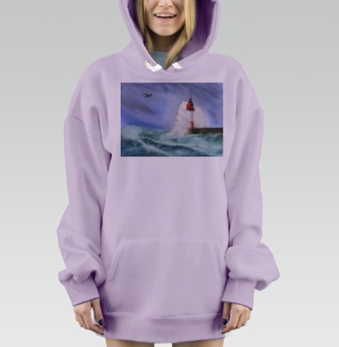 Маяк в шторме с парящей чайкой акварелью, Hoodie Mjhigh Dig Mel, Fiolet, утепленная