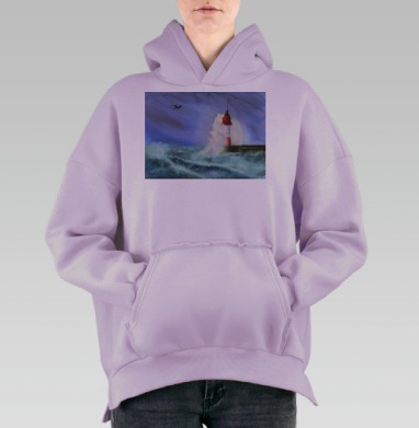 Маяк в шторме с парящей чайкой акварелью, Hoodie Oversize Fiolet, утепленная