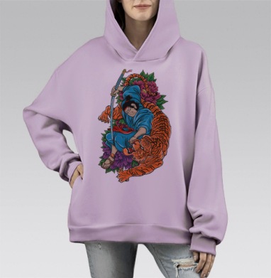 Самурай и тигр: мощь и гармония в японском стиле, Hoodie Mono Fiolet, оверсайз, утепленная