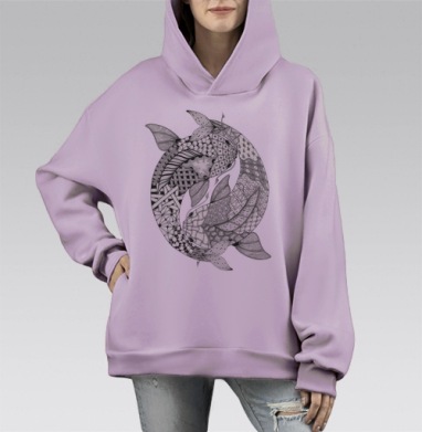 Карпы кои инь-ян в стиле дзентангл, Hoodie Mono Fiolet, оверсайз, утепленная